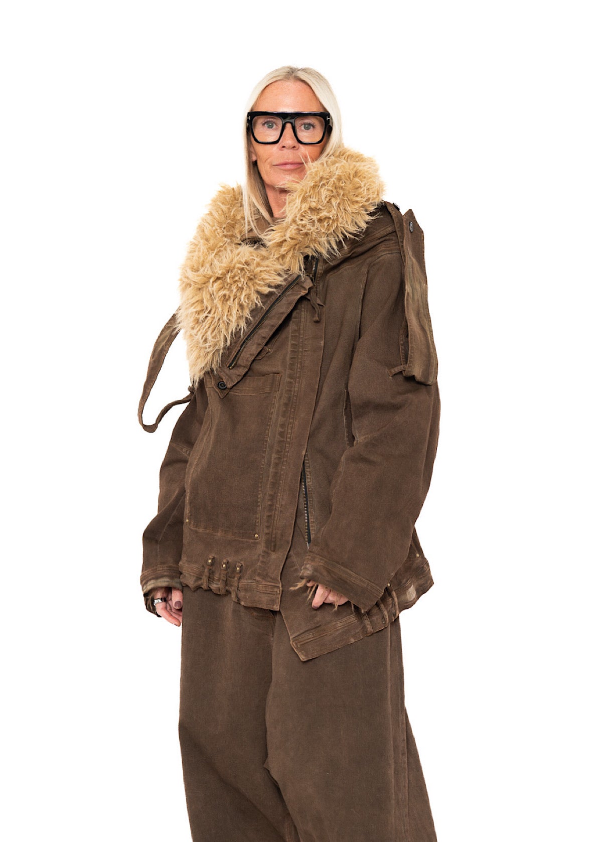 OVERSIZED FAUX FUR-TRIM DENIM JACKET