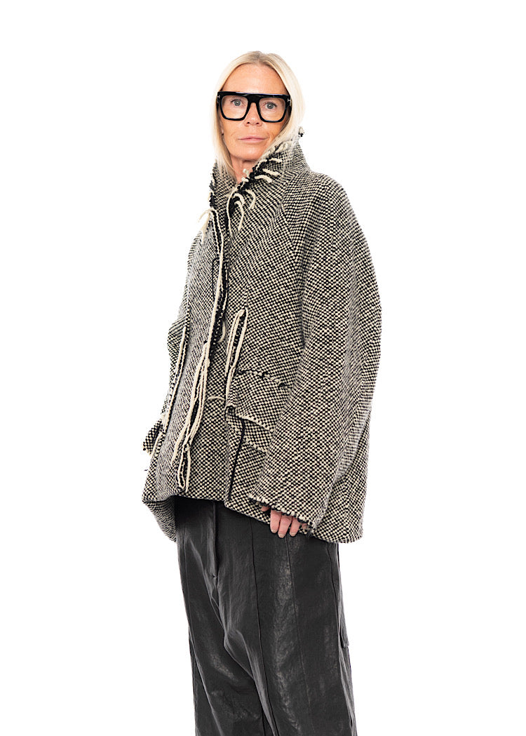 OVERSIZED DISTRESSED CHECK WOOL JACKET