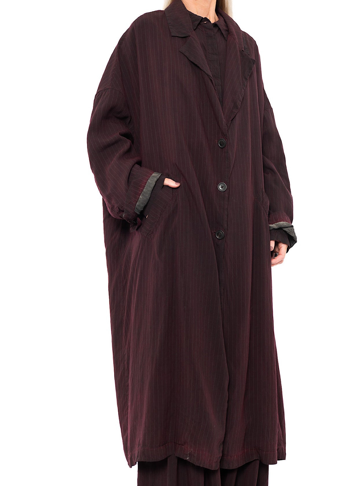OVERSIZED PINSTRIPE DRAPED COAT