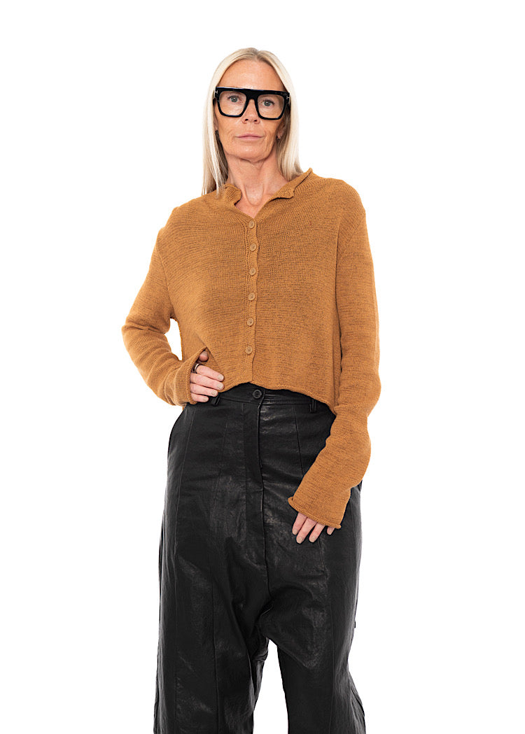 CROPPED LINEN-BLEND KNITTED CARDIGAN