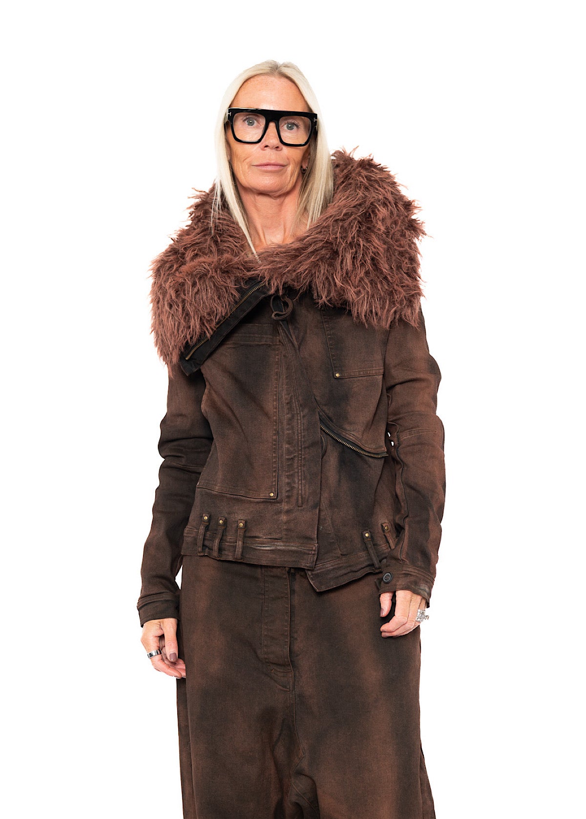 FITTED FAUX FUR-TRIM DENIM JACKET