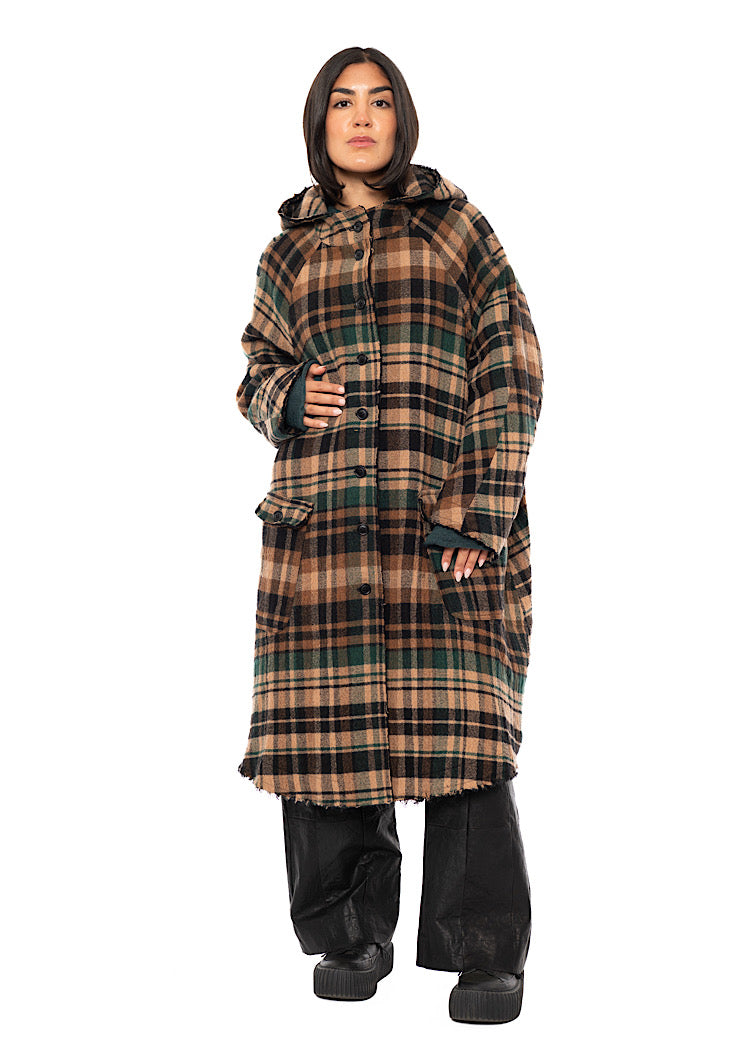 HOODED CHECK WOOL COAT