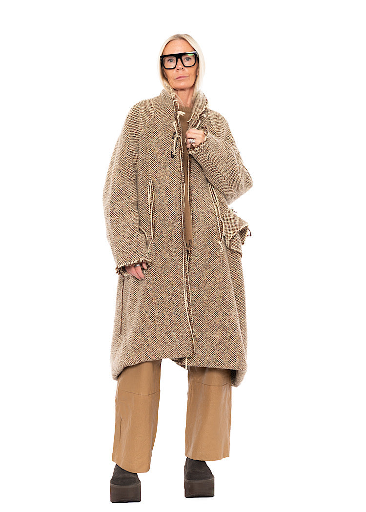 OVERSIZED DISTRESSED CHECK WOOL COAT