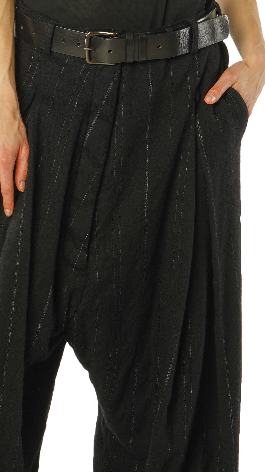 DROP-CROTCH PINSTRIPE WOOL TROUSER *GINGER STRIPE* (SHOWN IN BLACK STRIPE)