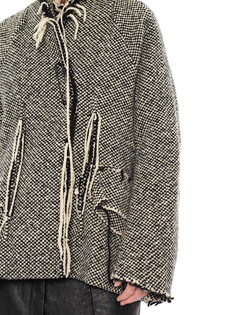 OVERSIZED DISTRESSED CHECK WOOL JACKET
