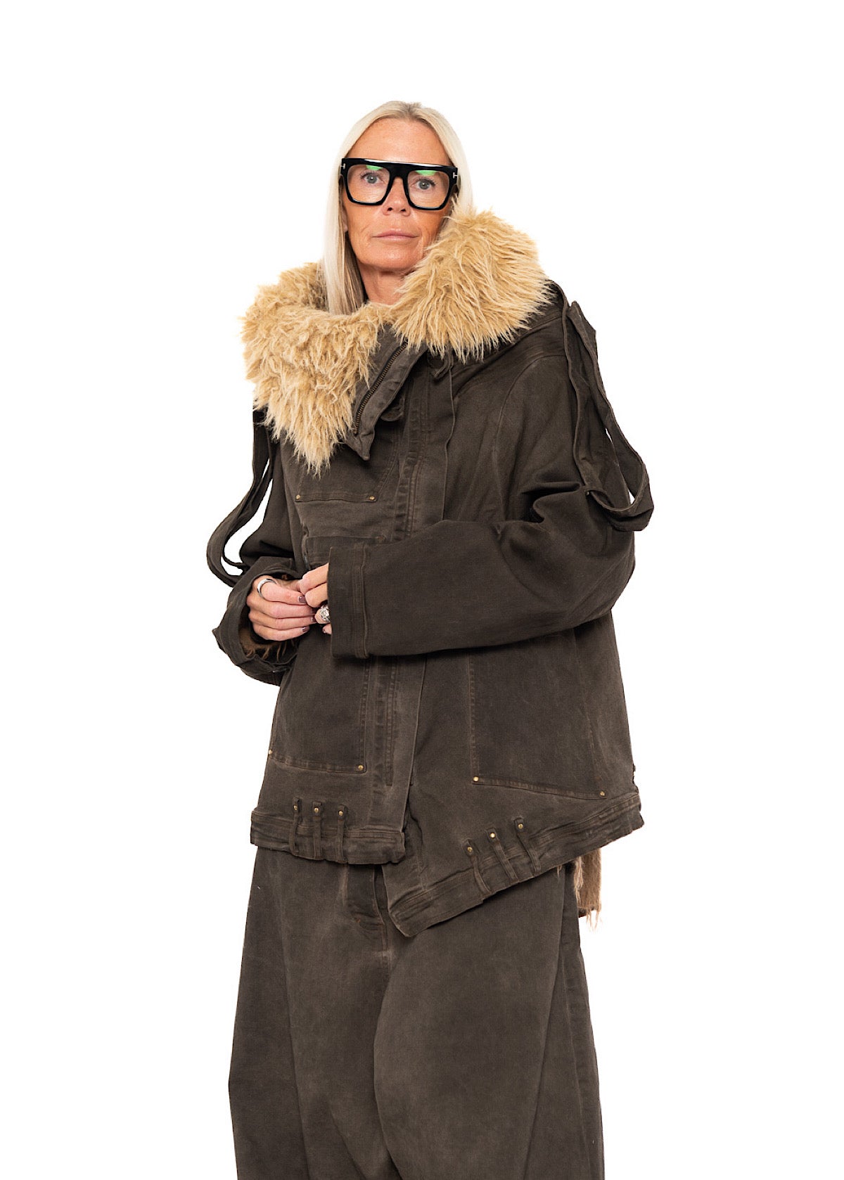 OVERSIZED FAUX FUR-TRIM DENIM JACKET