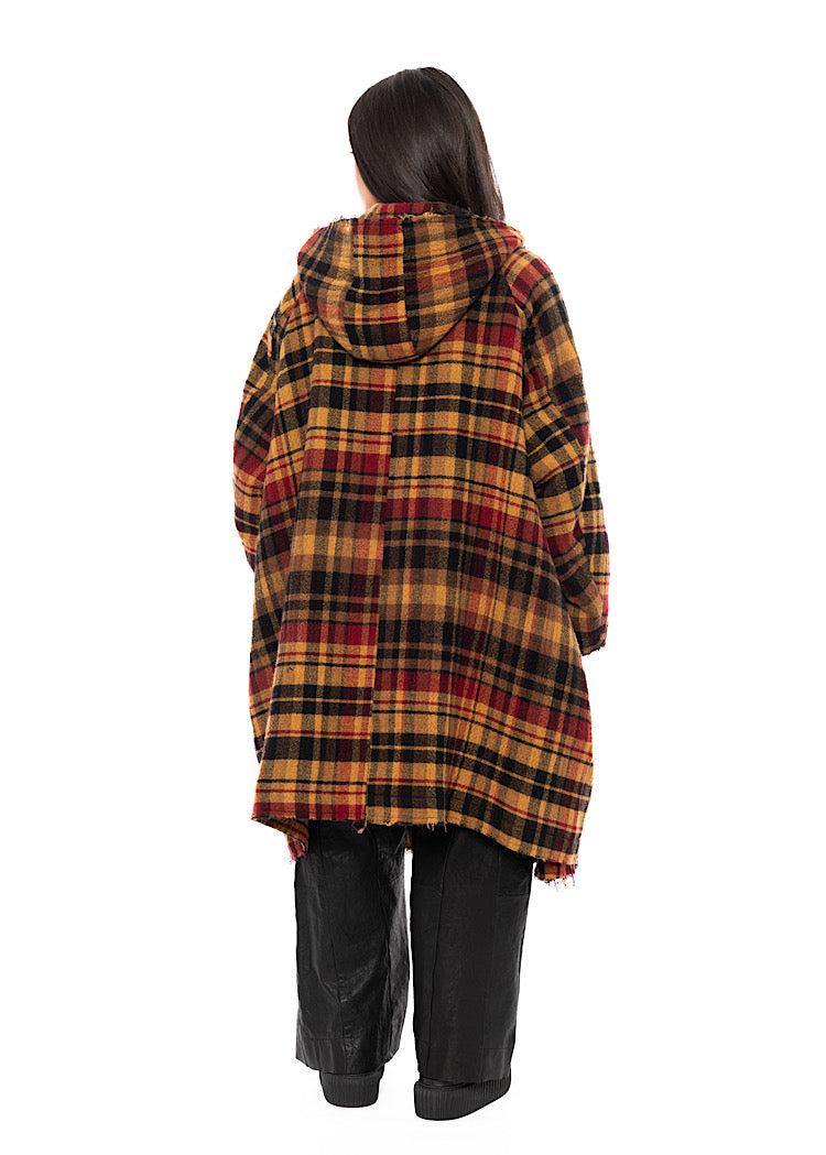 HOODED CHECK WOOL COAT