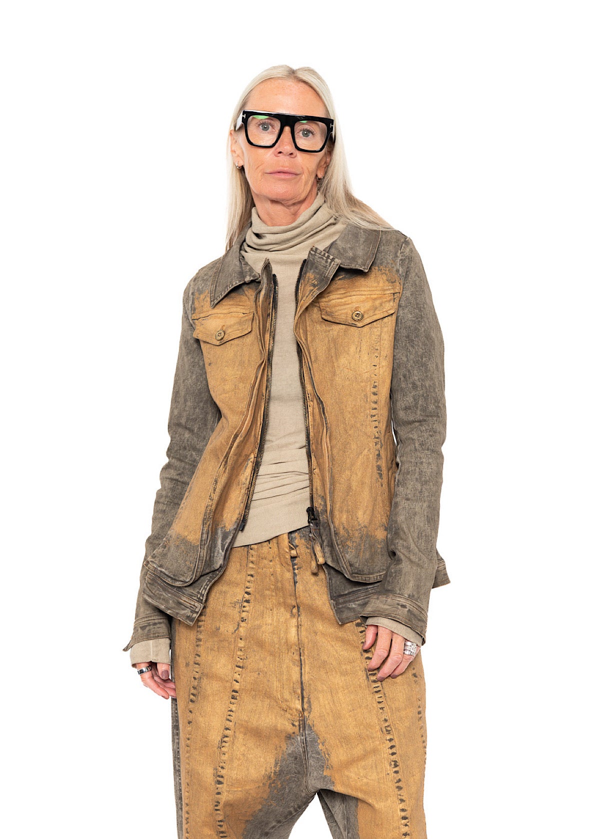 HAND-PAINTED GOLD STRETCH DENIM JACKET