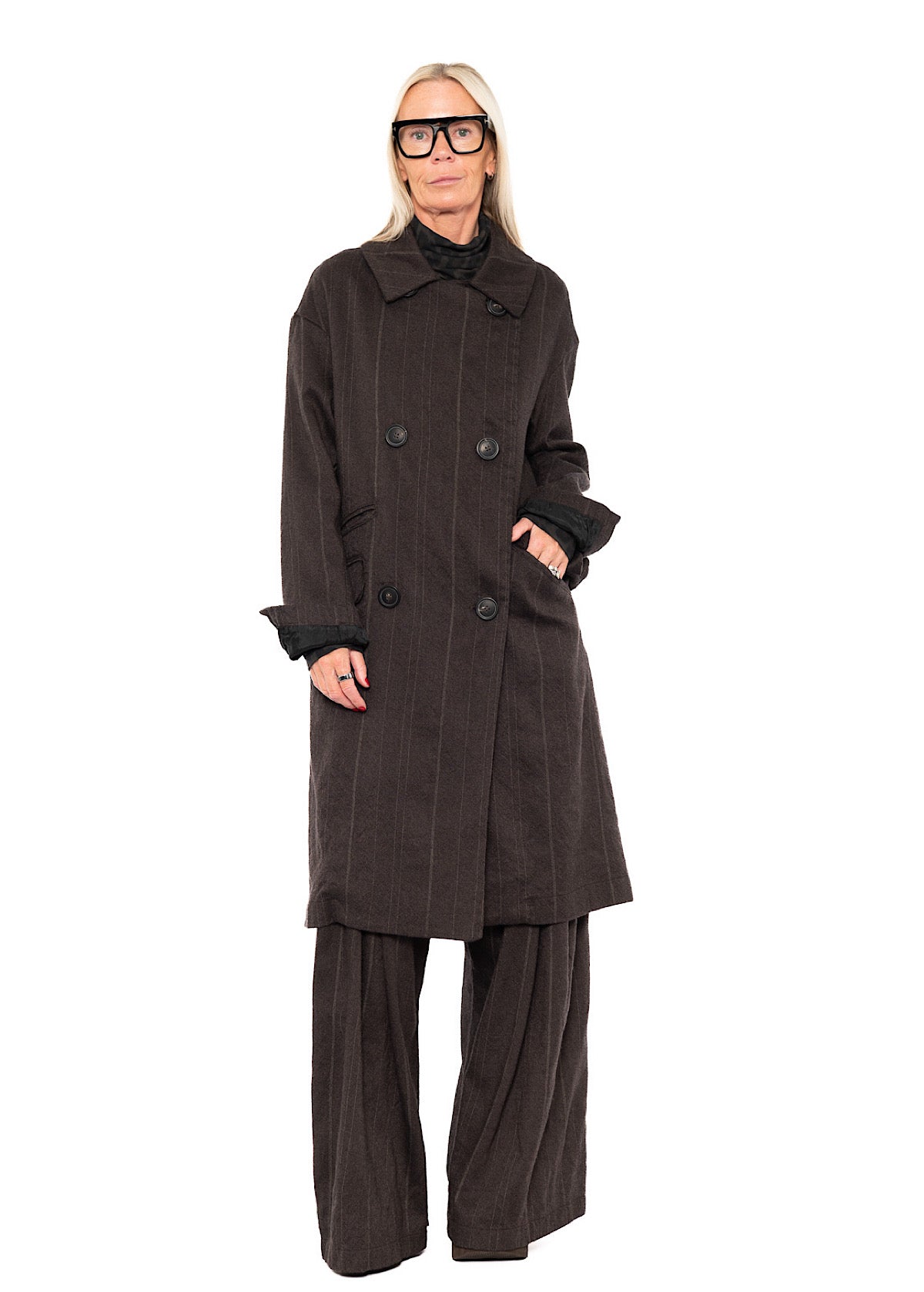 DOUBLE-BREASTED PINSTRIPE WOOL COAT
