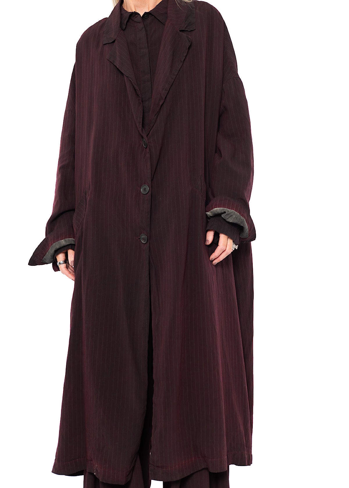 OVERSIZED PINSTRIPE DRAPED COAT
