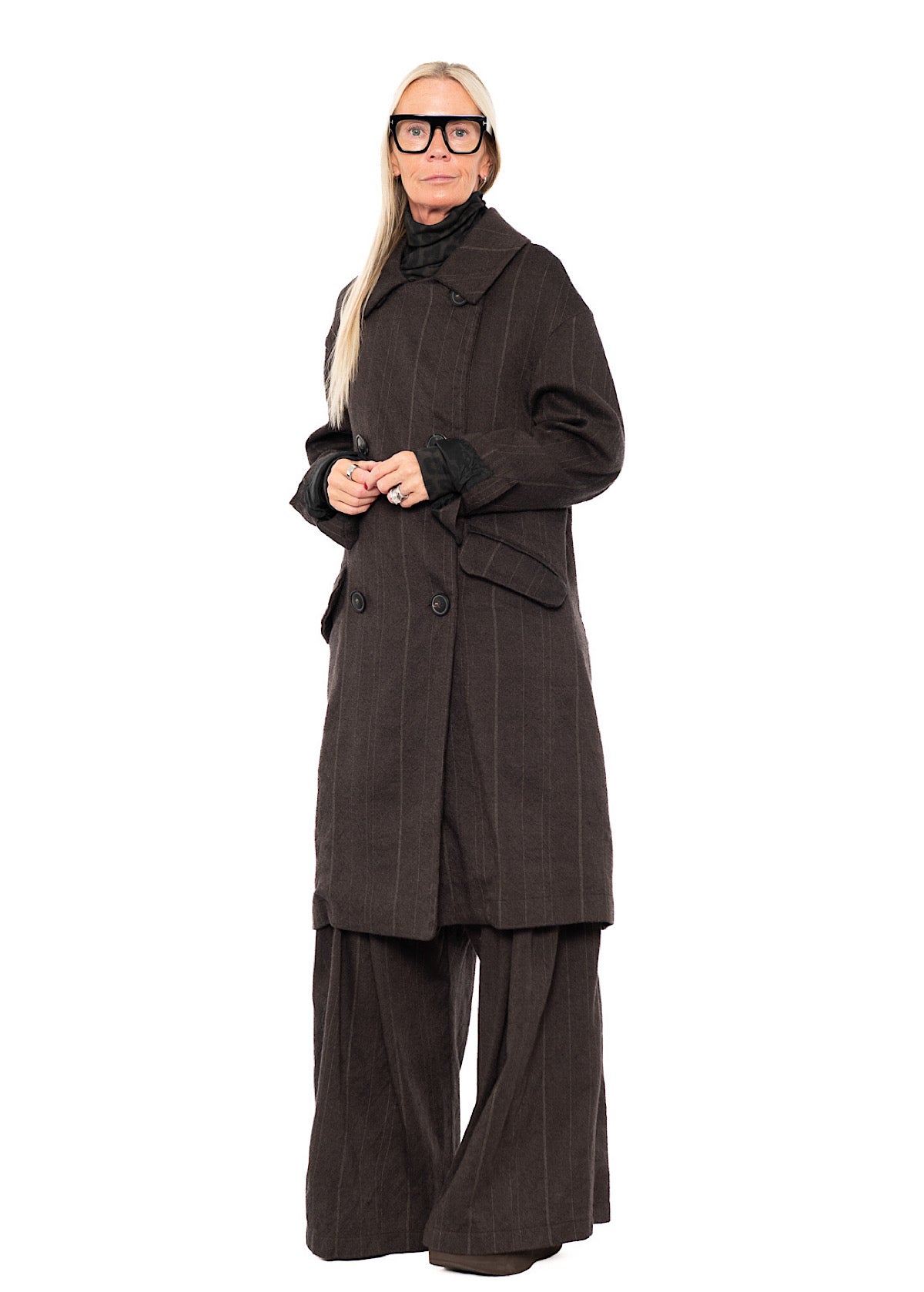 DOUBLE-BREASTED PINSTRIPE WOOL COAT
