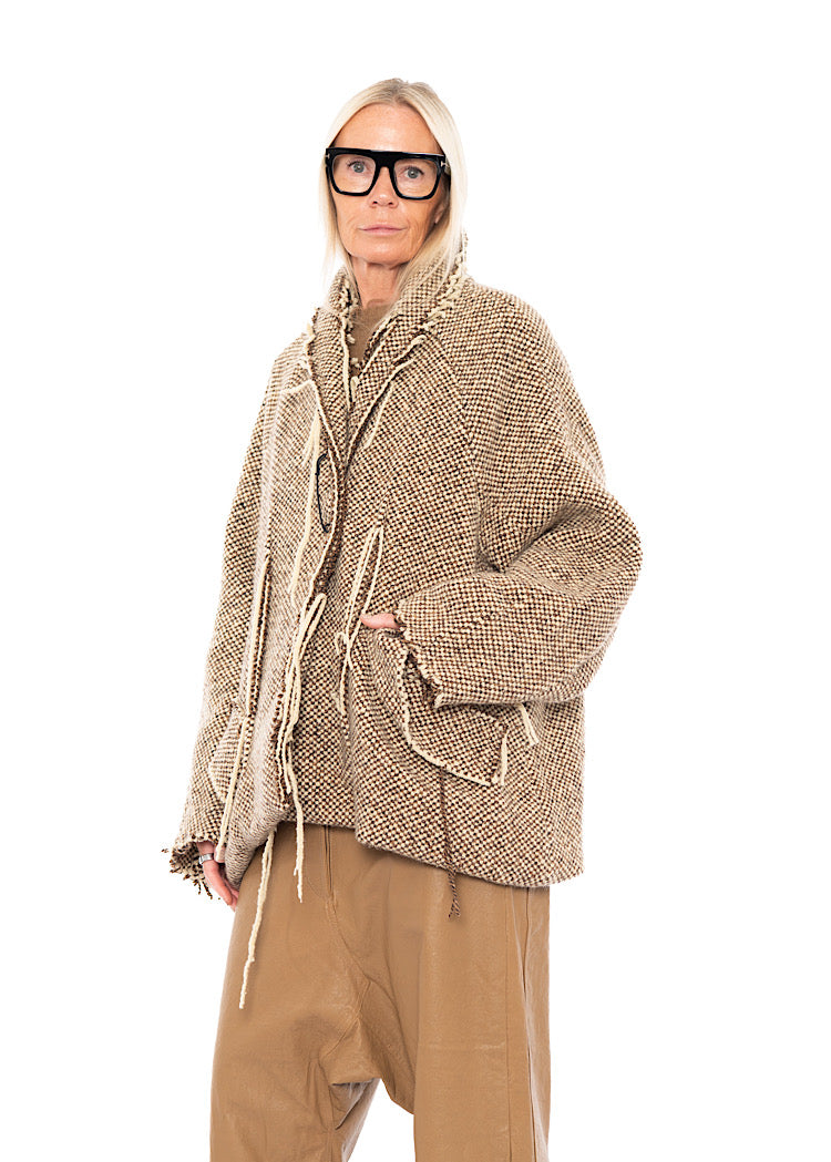 OVERSIZED DISTRESSED CHECK WOOL JACKET