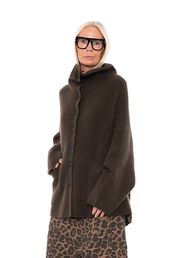 MERINO RACCOON FUNNEL NECK CARDIGAN