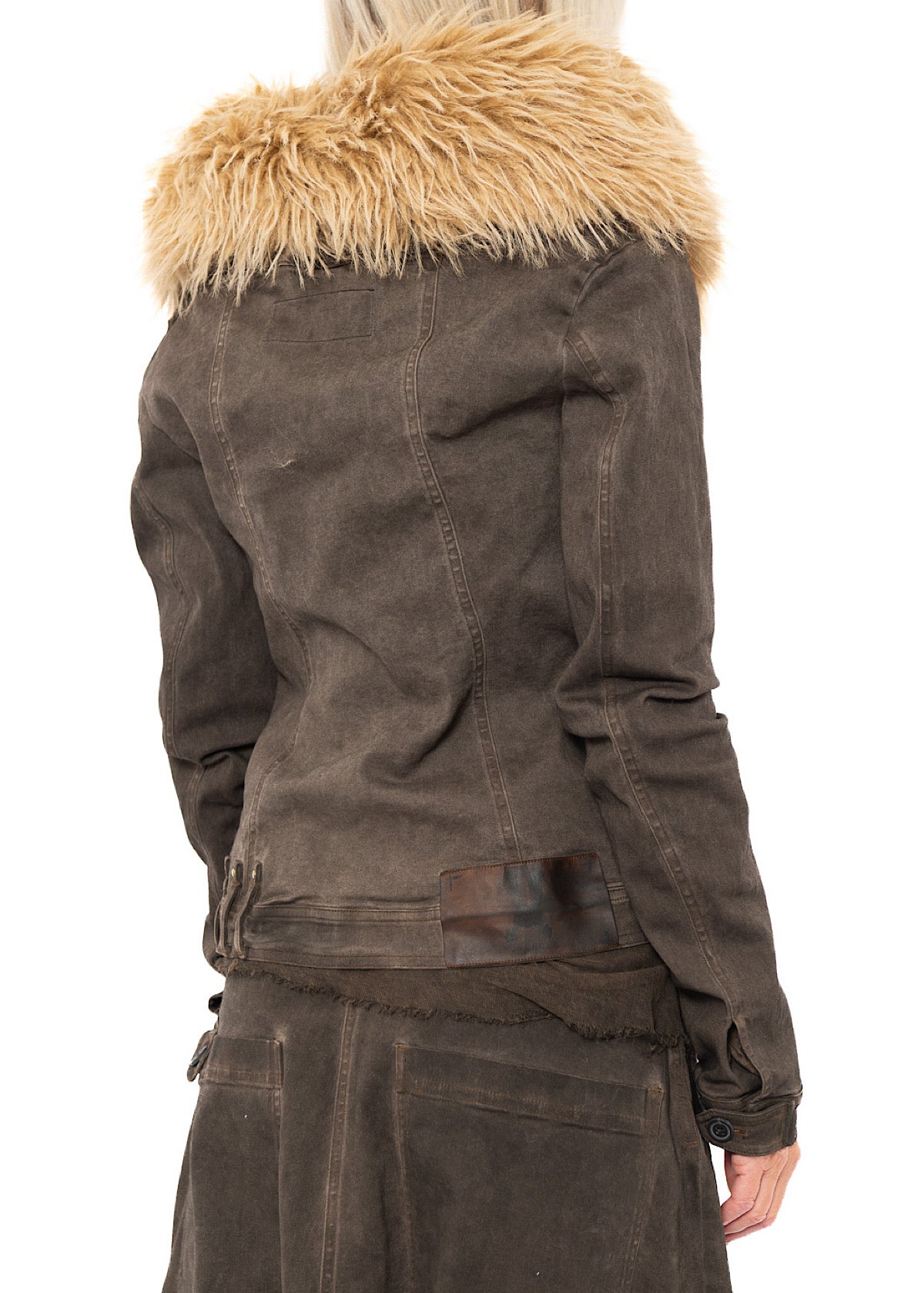 FITTED FAUX FUR-TRIM DENIM JACKET