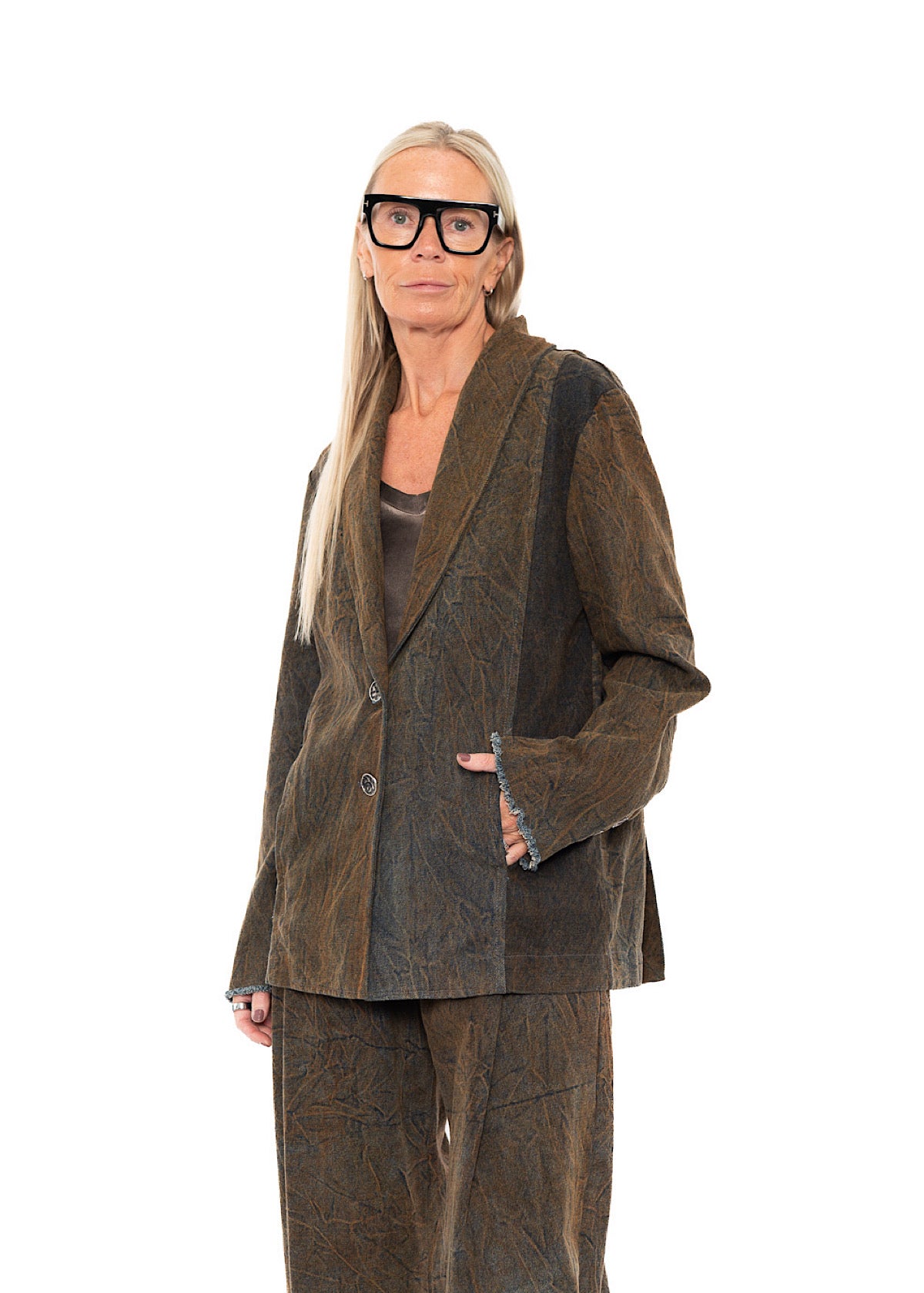 STONE-WASHED DENIM TWO-BUTTON BLAZER