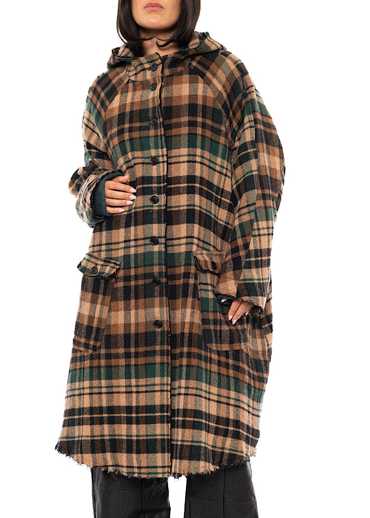 HOODED CHECK WOOL COAT