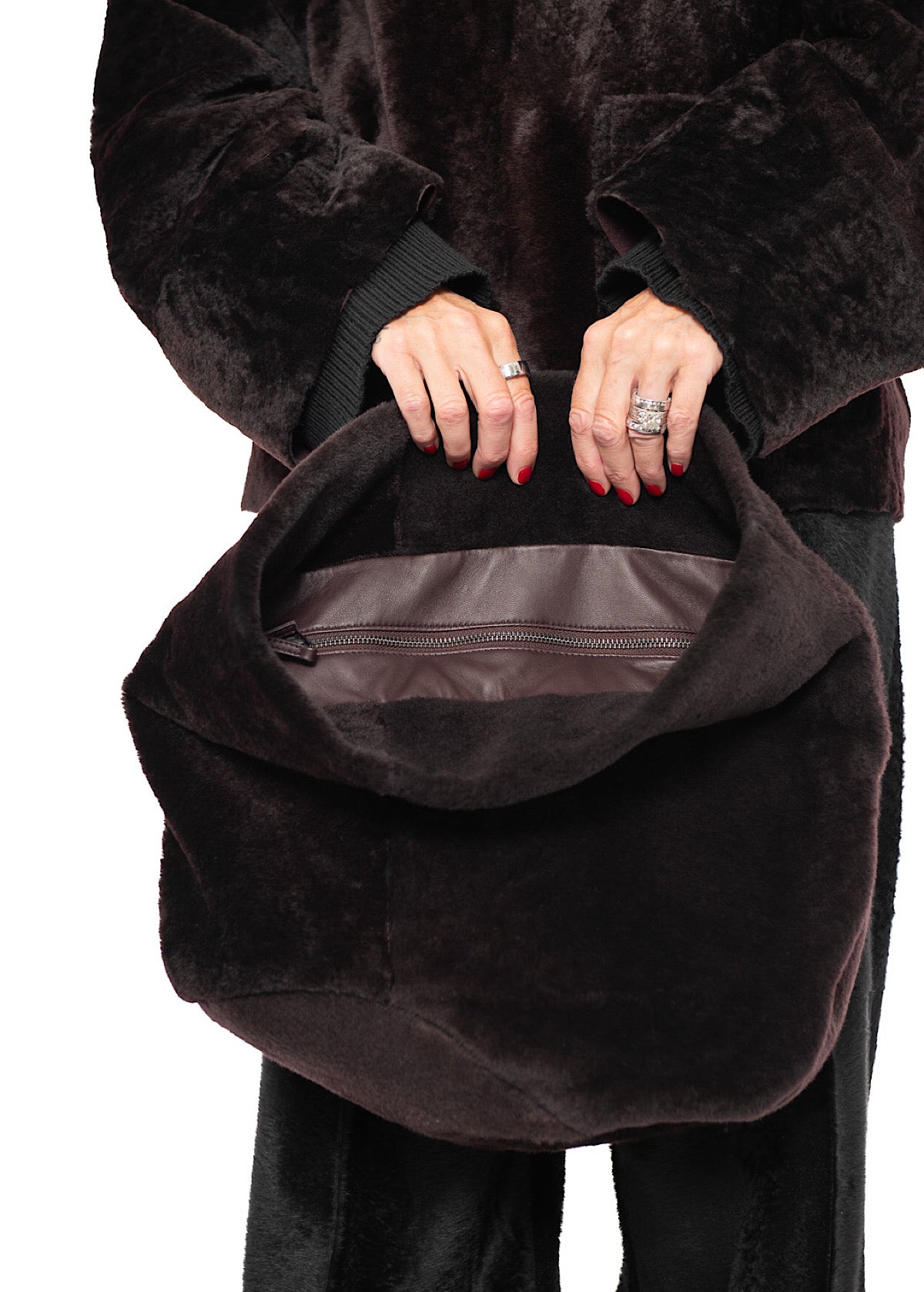 FUR-FINISHED LEATHER BAG