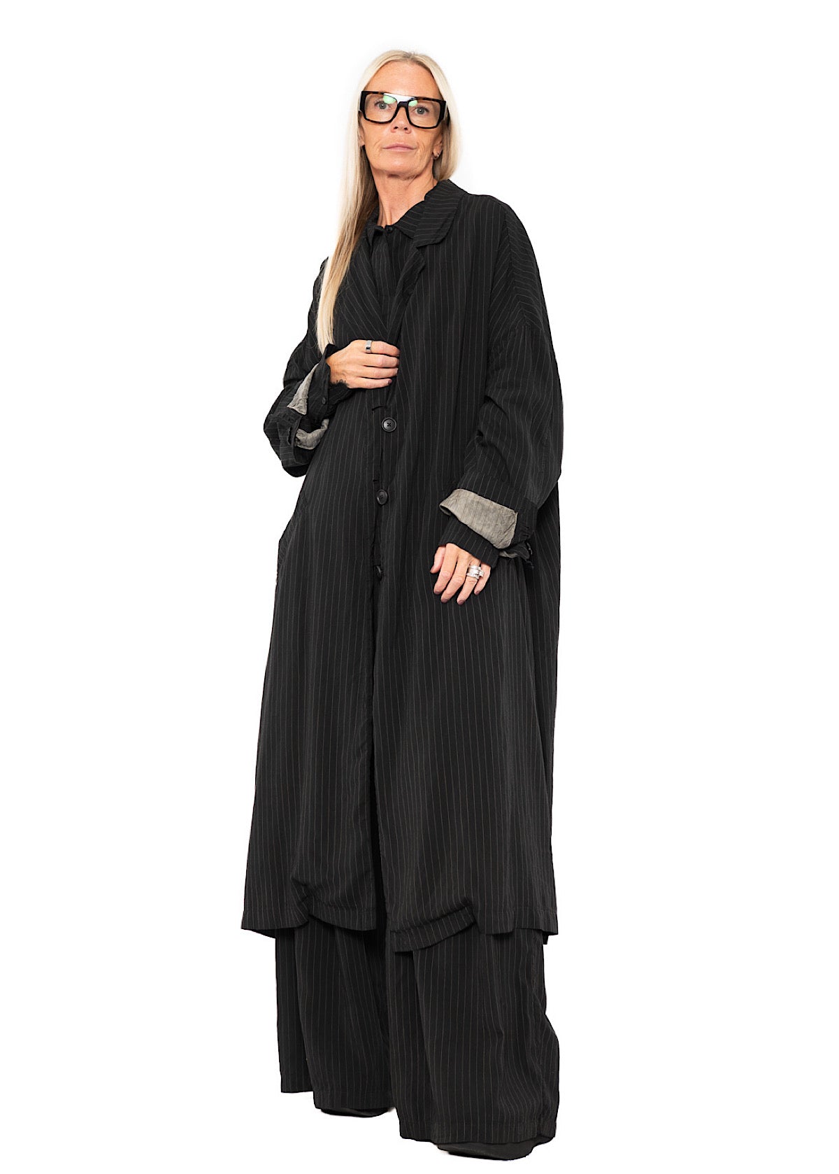 OVERSIZED PINSTRIPE DRAPED COAT