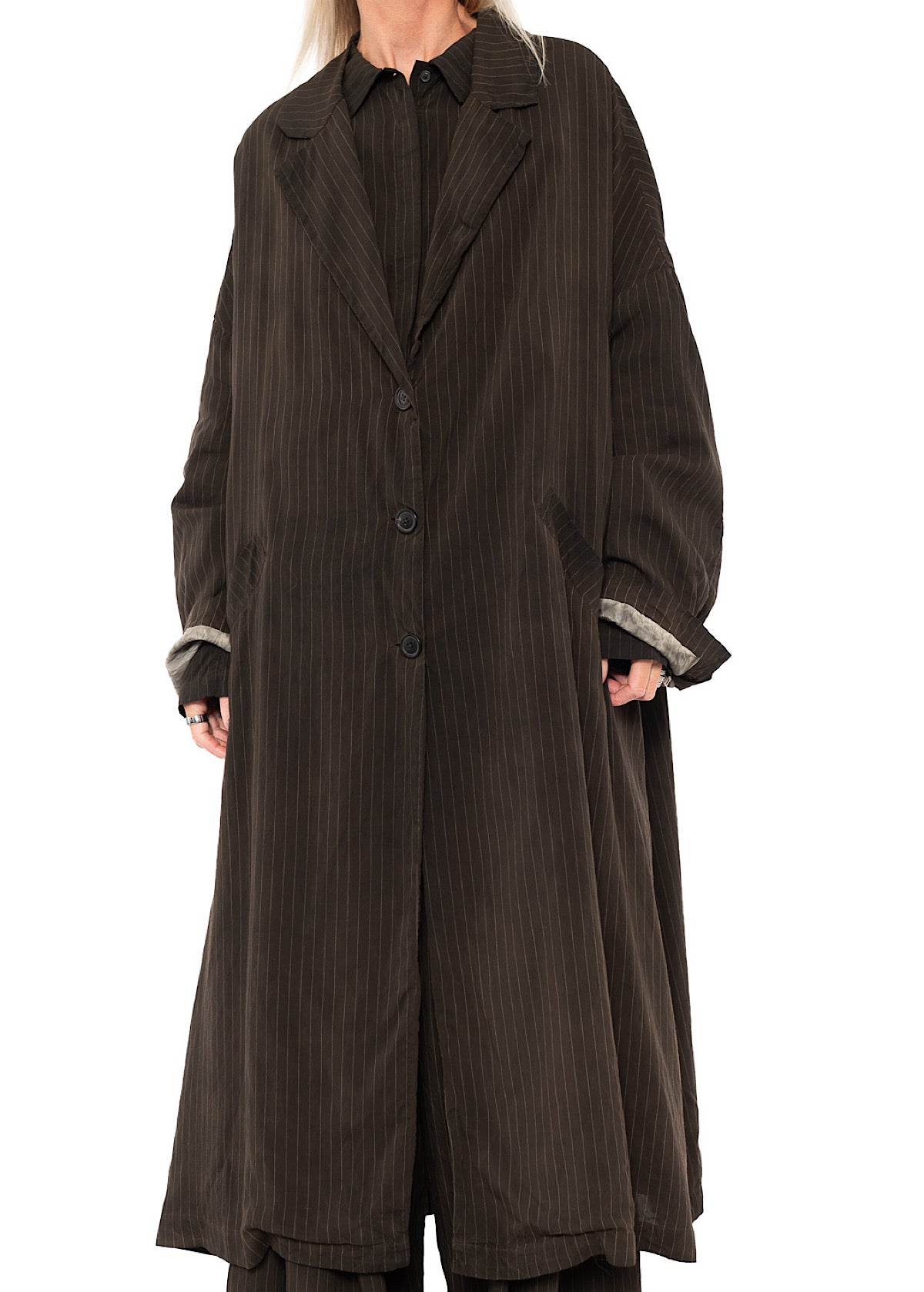 OVERSIZED PINSTRIPE DRAPED COAT