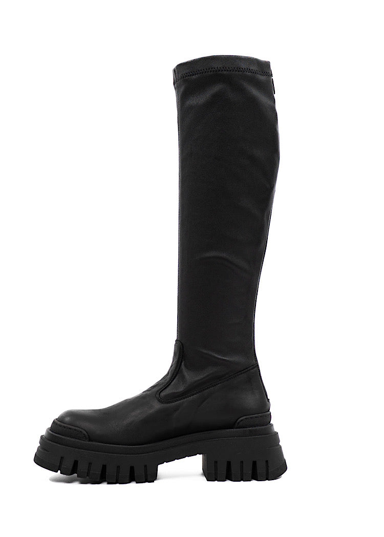An angled profile of a long chunky Black Boot with a distinct sole.