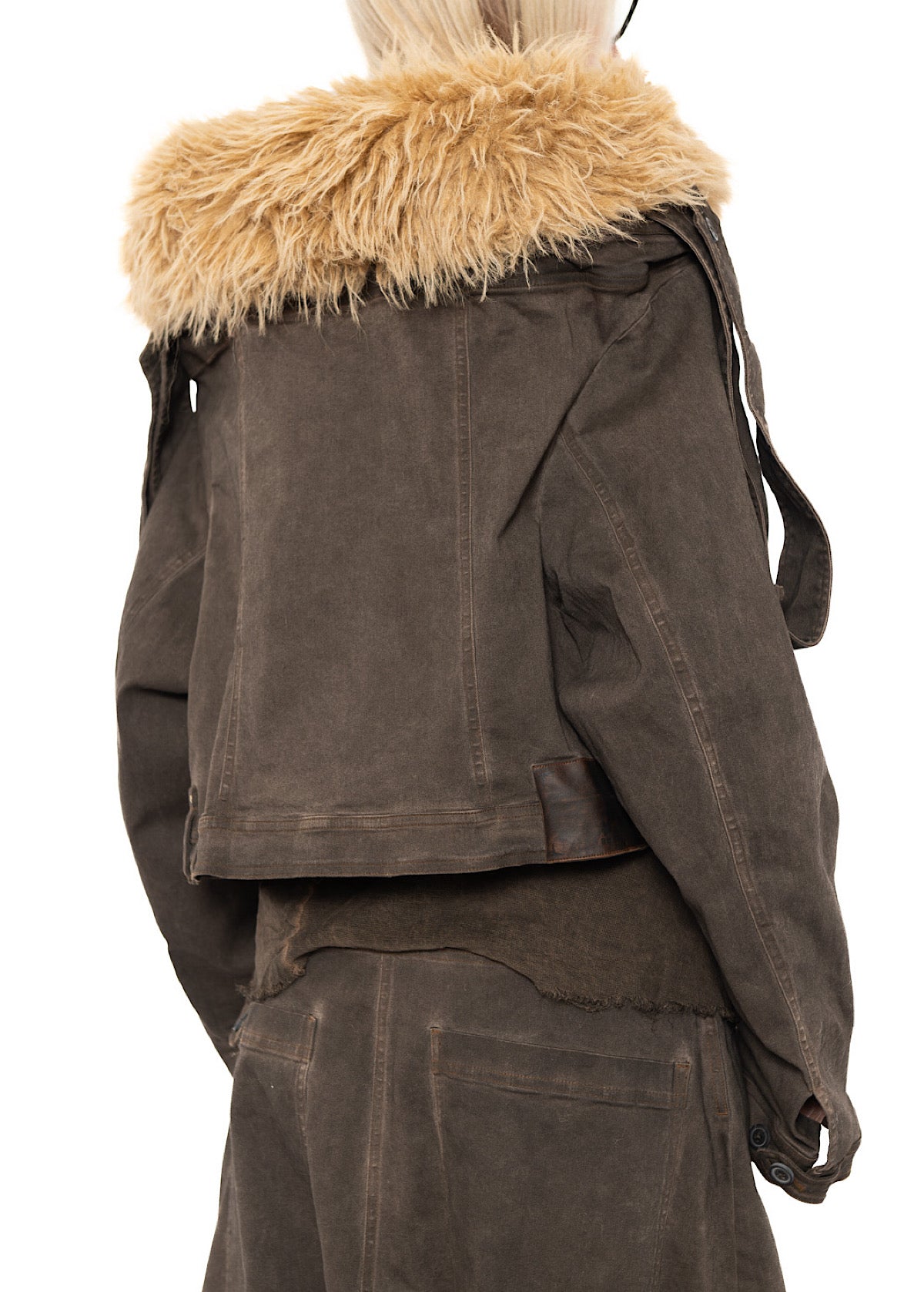 CROPPED FAUX FUR-TRIM DENIM JACKET