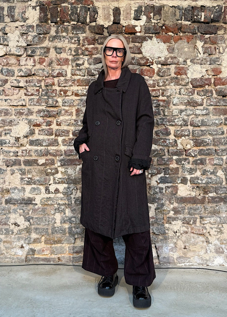 DOUBLE-BREASTED PINSTRIPE WOOL COAT