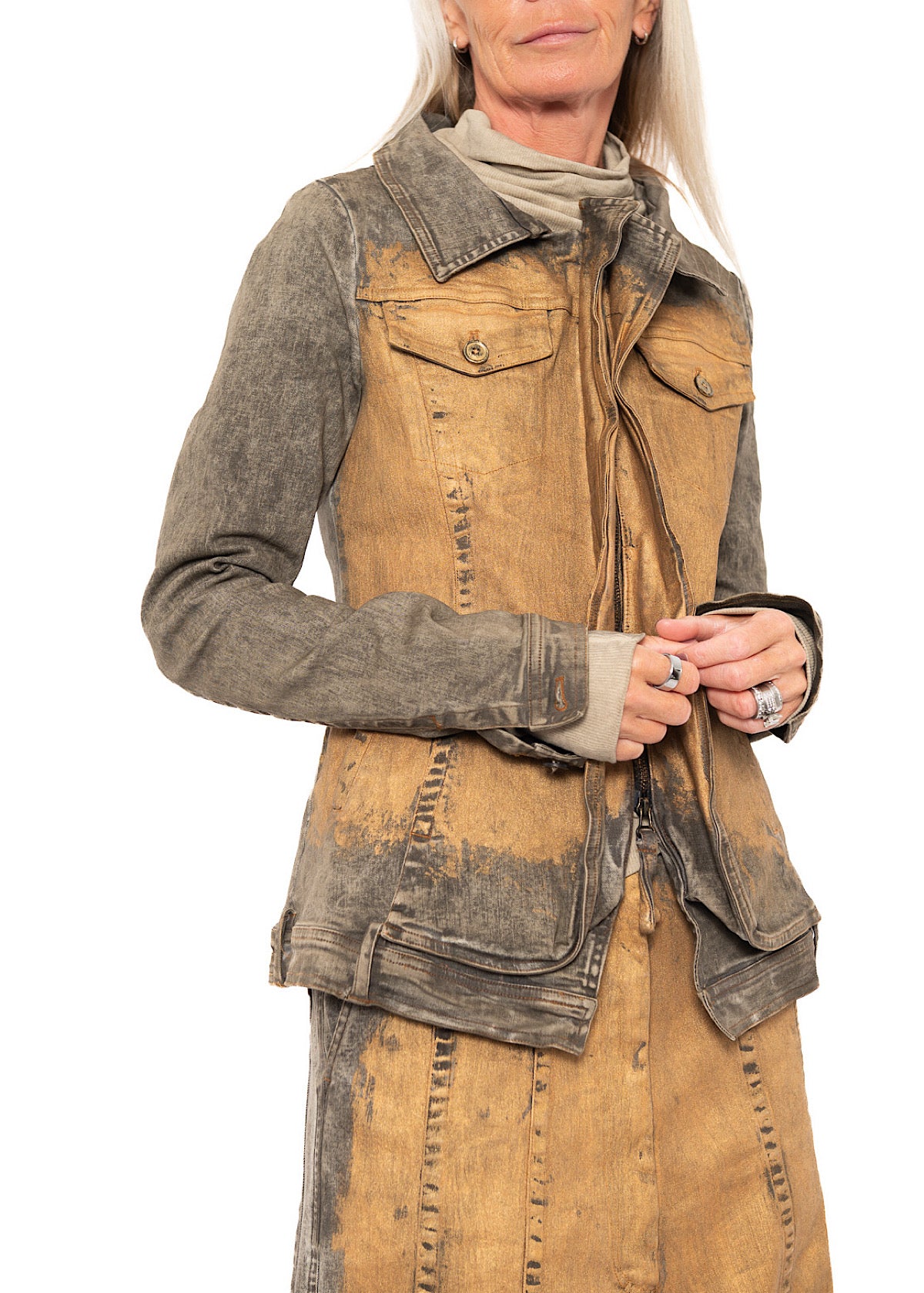 HAND-PAINTED GOLD STRETCH DENIM JACKET