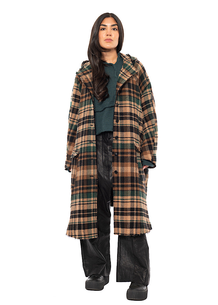 HOODED CHECK WOOL COAT