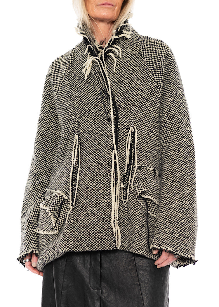 OVERSIZED DISTRESSED CHECK WOOL JACKET