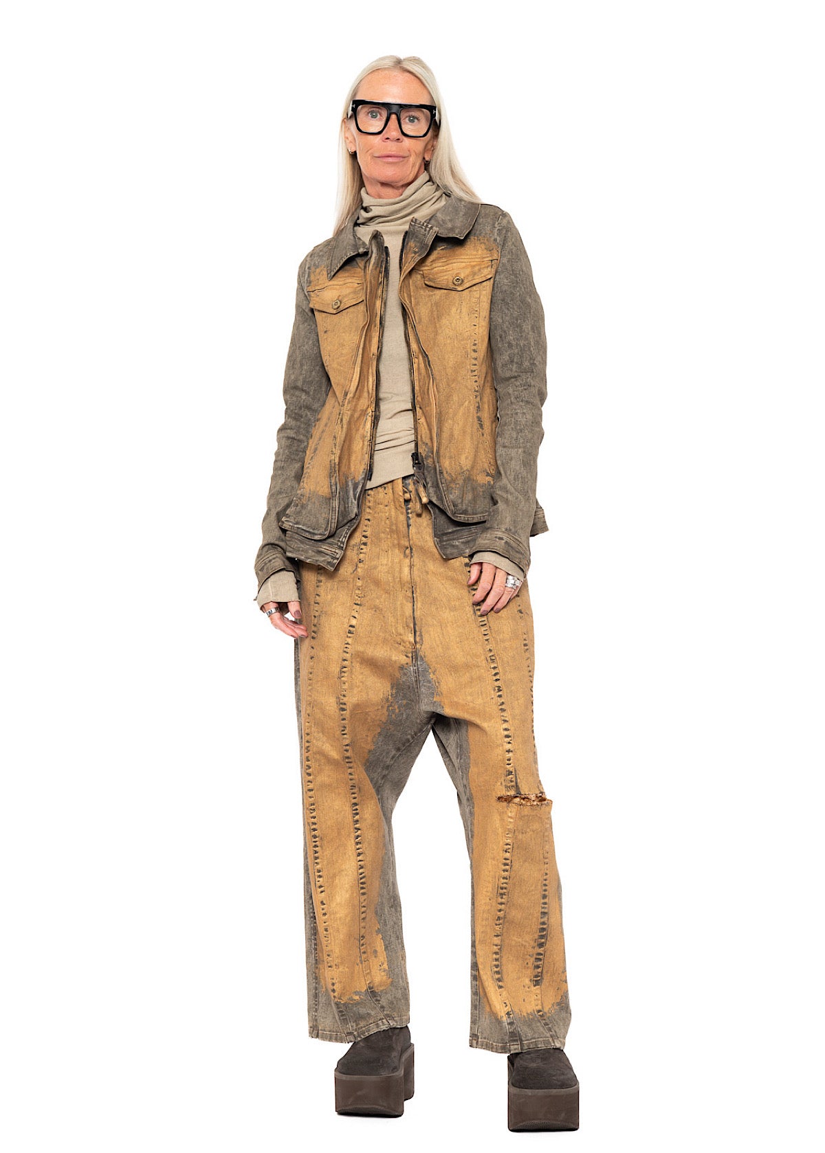 HAND-PAINTED GOLD STRETCH DENIM JACKET