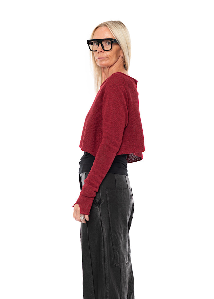 CROPPED LINEN-BLEND KNITTED PULLOVER