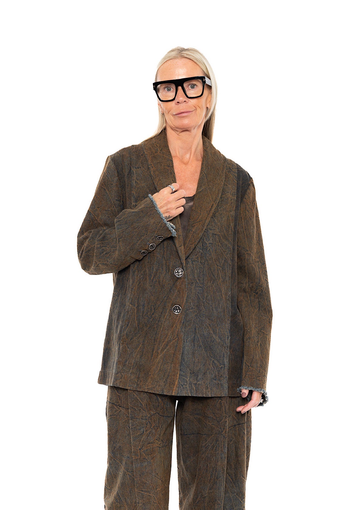 STONE-WASHED DENIM TWO-BUTTON BLAZER
