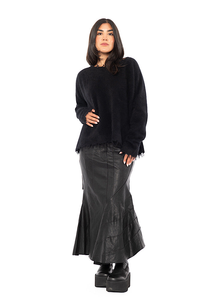 ASYMMETRIC FLARED LEATHER SKIRT