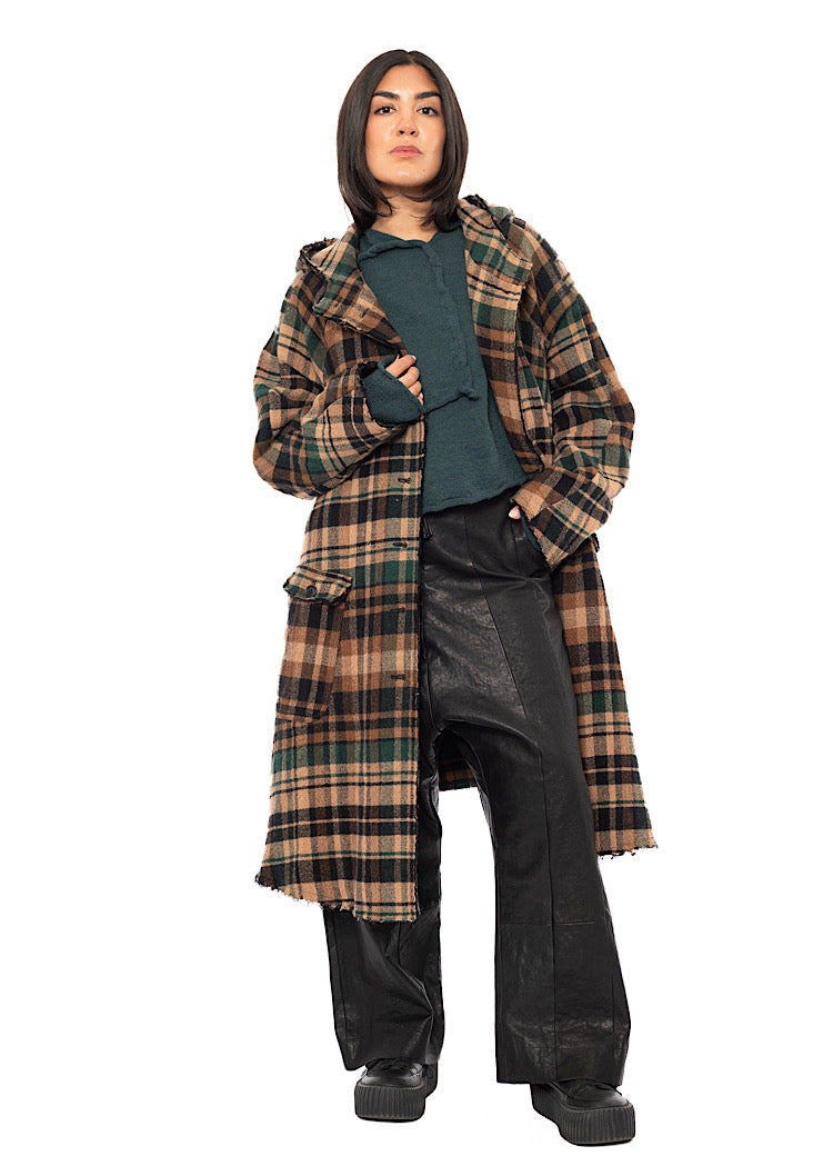 HOODED CHECK WOOL COAT