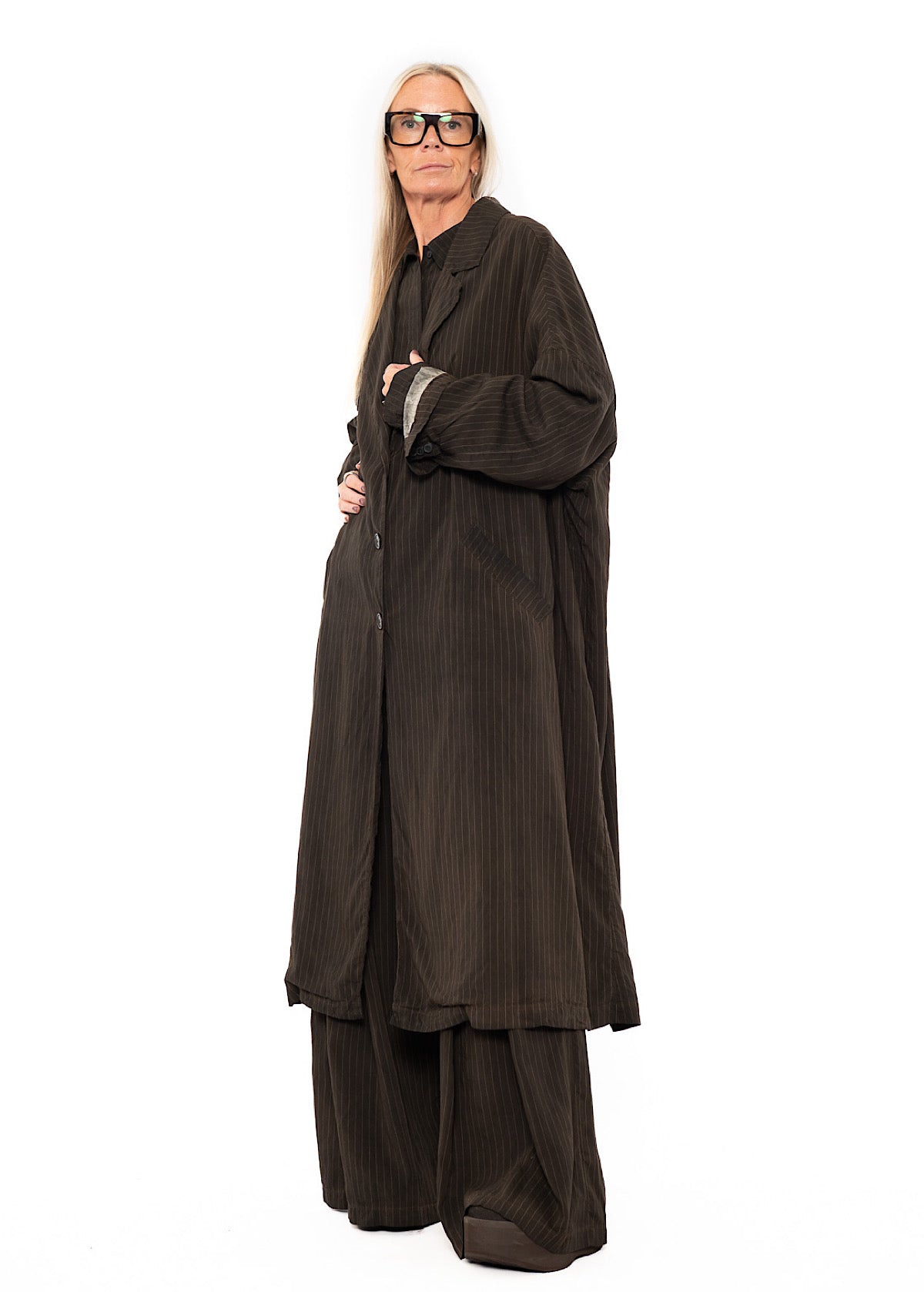 OVERSIZED PINSTRIPE DRAPED COAT