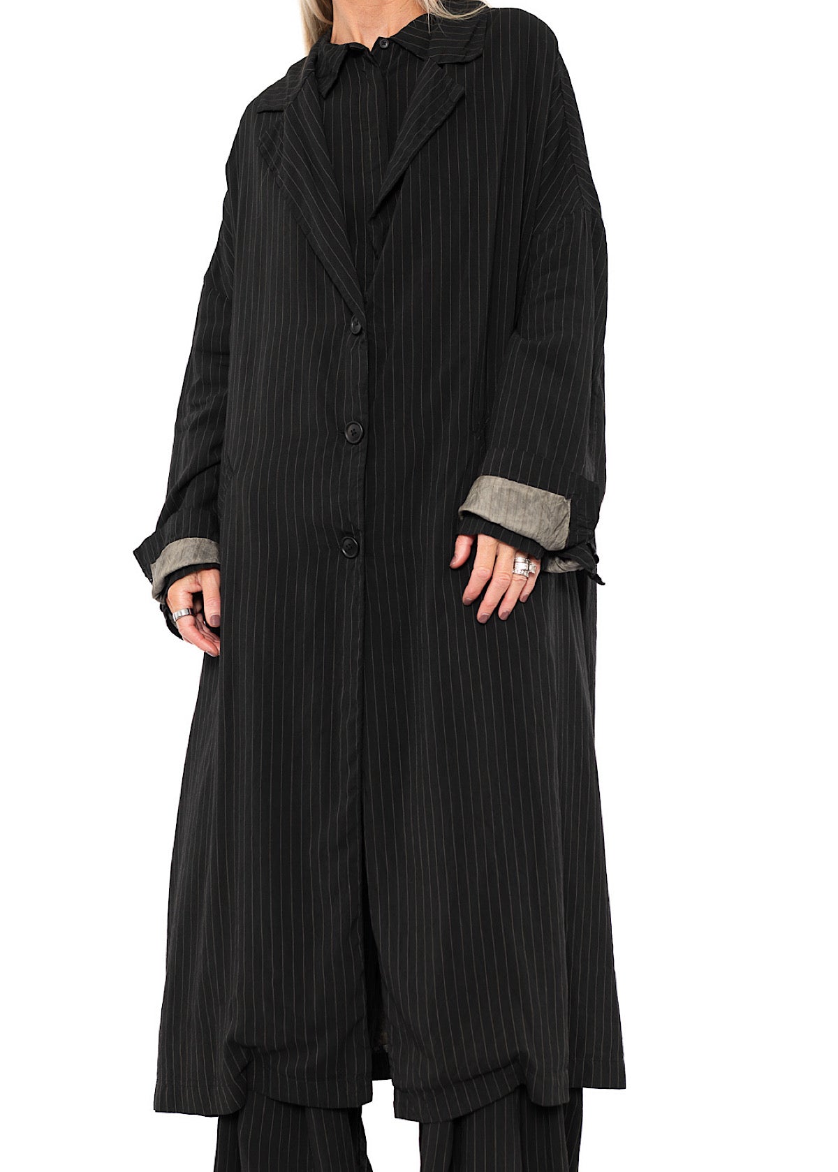 OVERSIZED PINSTRIPE DRAPED COAT