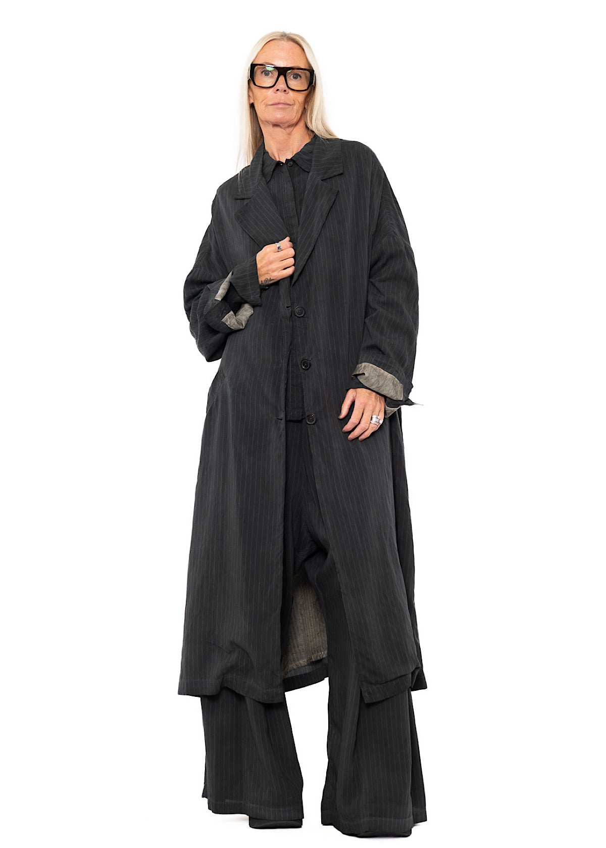 OVERSIZED PINSTRIPE DRAPED COAT