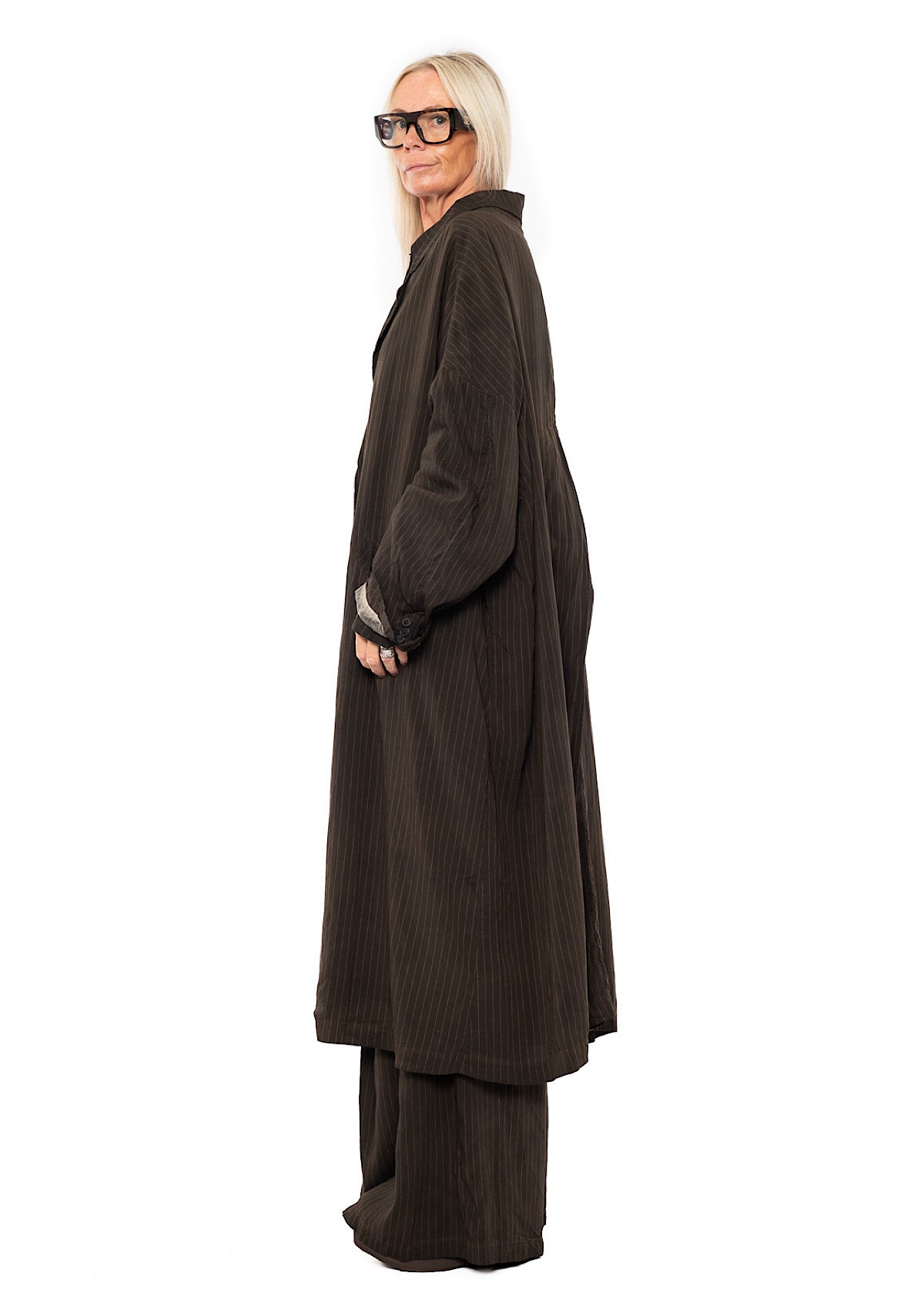 OVERSIZED PINSTRIPE DRAPED COAT