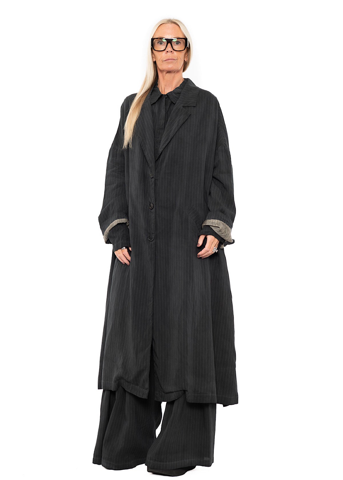 OVERSIZED PINSTRIPE DRAPED COAT