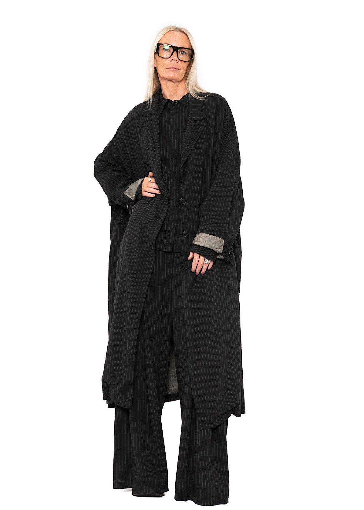 OVERSIZED PINSTRIPE DRAPED COAT