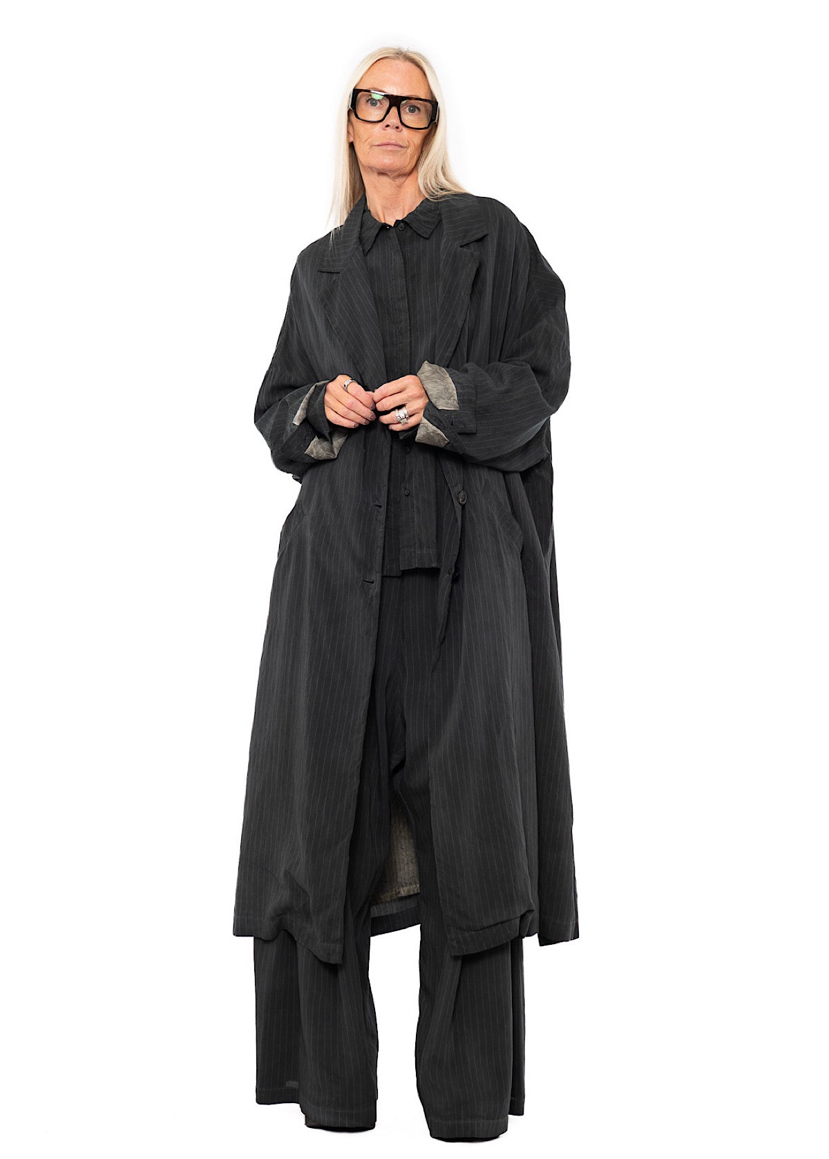 OVERSIZED PINSTRIPE DRAPED COAT