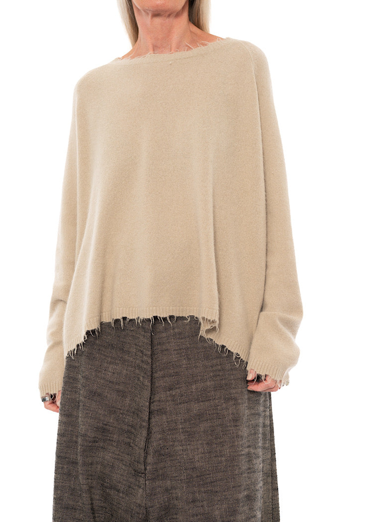 DISTRESSED MERINO RACCOON PULLOVER