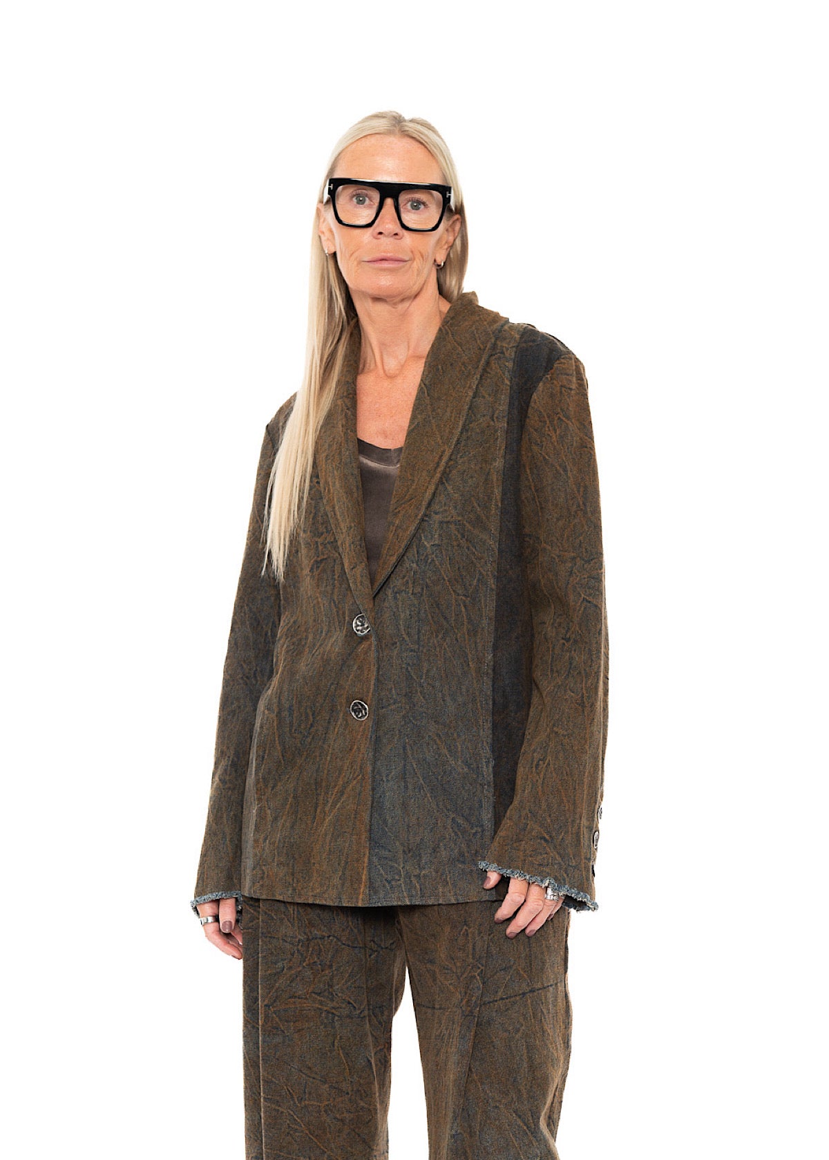STONE-WASHED DENIM TWO-BUTTON BLAZER