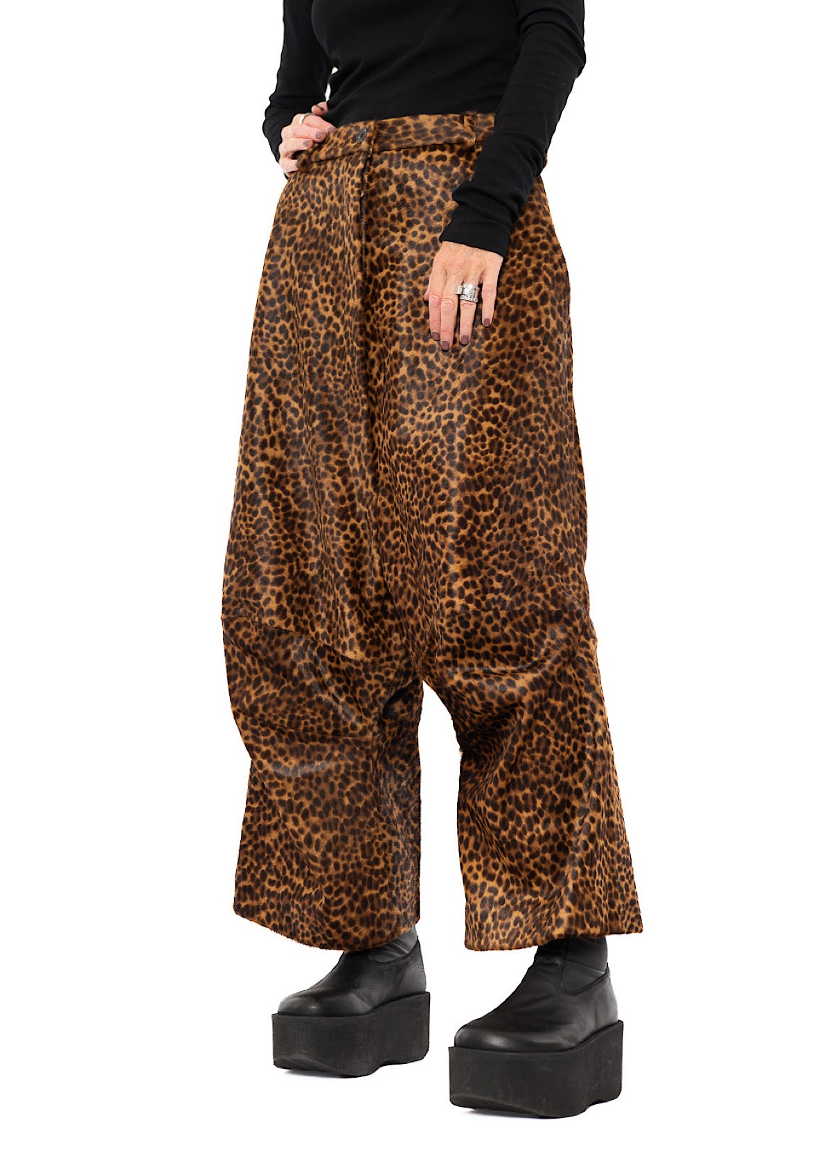 LEOPARD LEATHER DROP CROTCH TROUSER