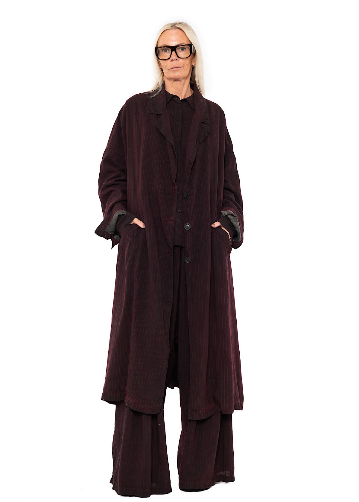 OVERSIZED PINSTRIPE DRAPED COAT