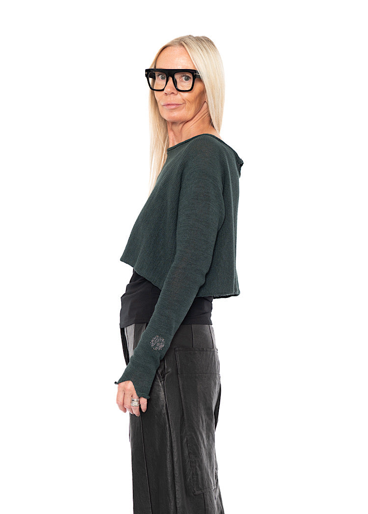 CROPPED LINEN-BLEND KNITTED PULLOVER