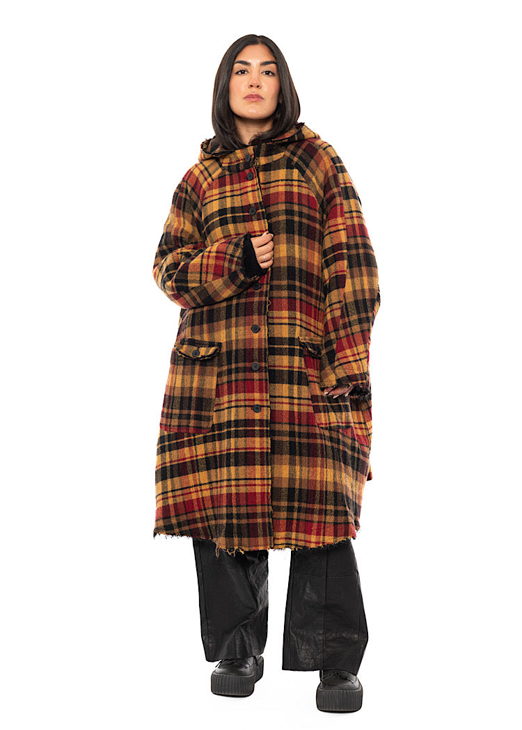 HOODED CHECK WOOL COAT