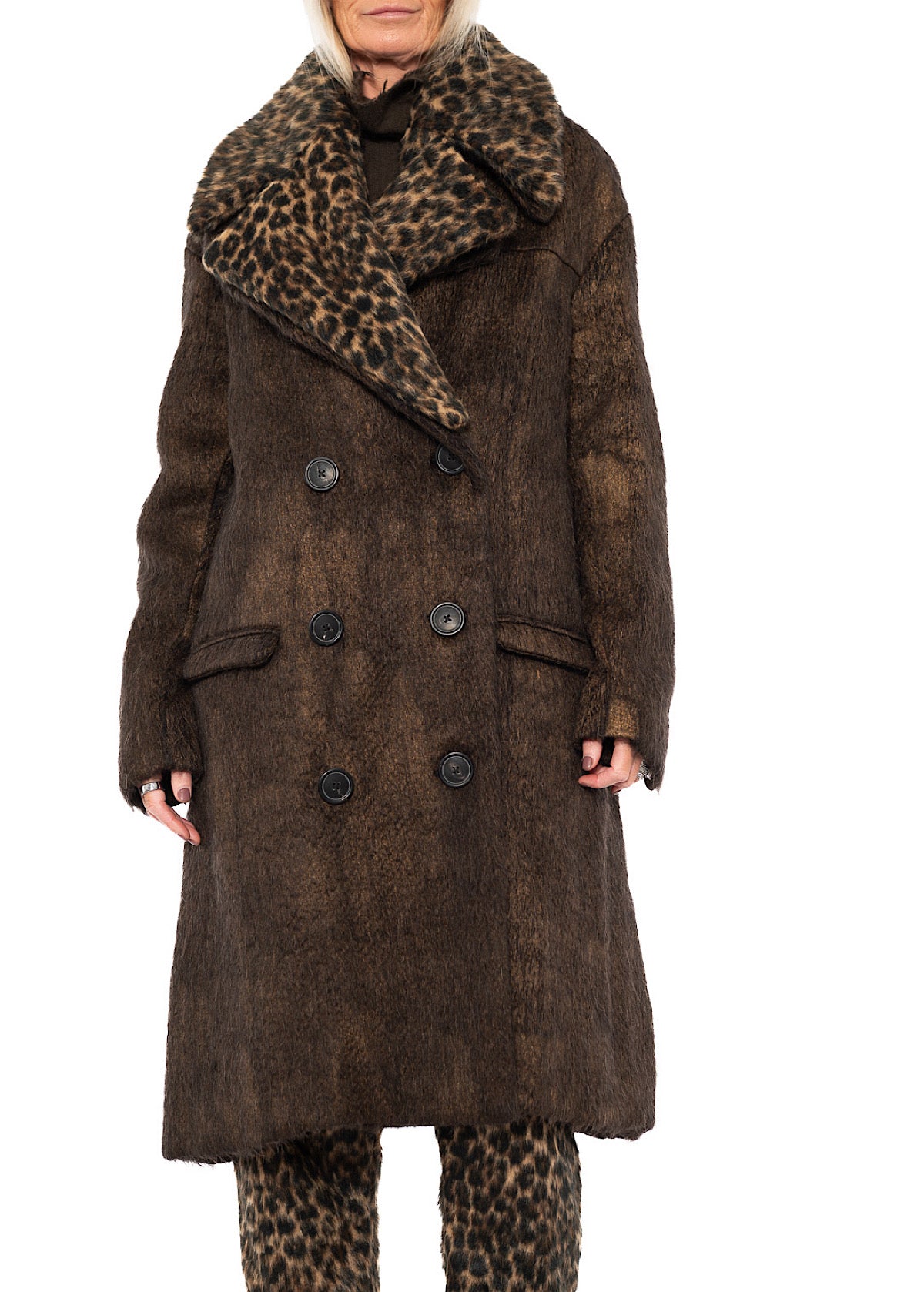 OVERSIZED LONG-HAIR WOOL COAT WITH DETACHABLE LEOPARD COLLAR