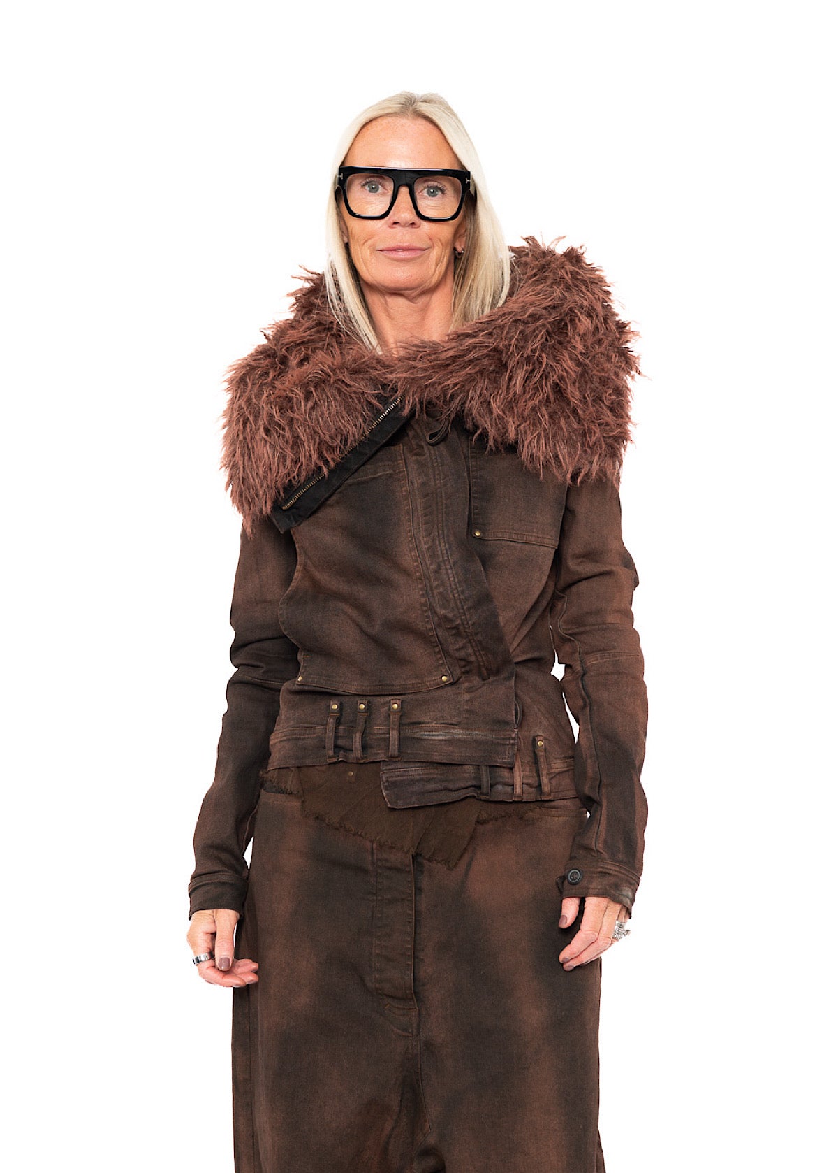 FITTED FAUX FUR-TRIM DENIM JACKET