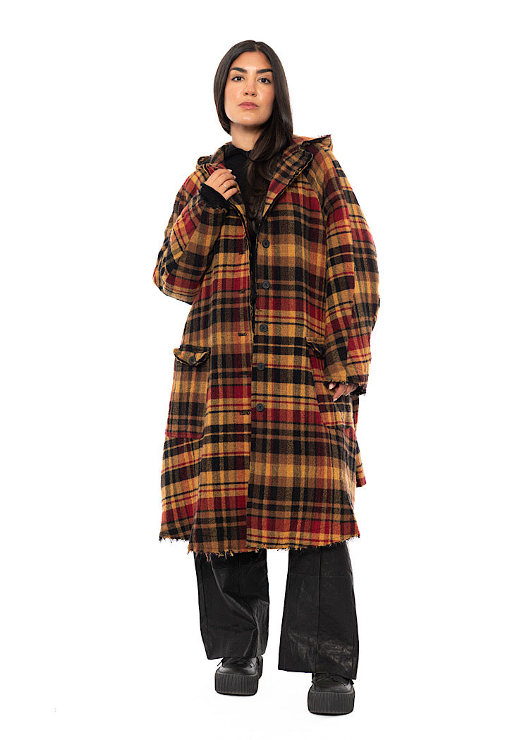 HOODED CHECK WOOL COAT